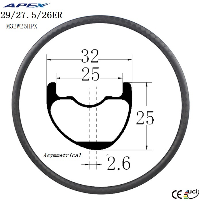 27.5 inch Asymmetrical carbon MTB rim width 32mm mountain bike rims M32W25HPX